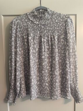 Ann Taylor Gray and White Smocked High-Neck Blouse